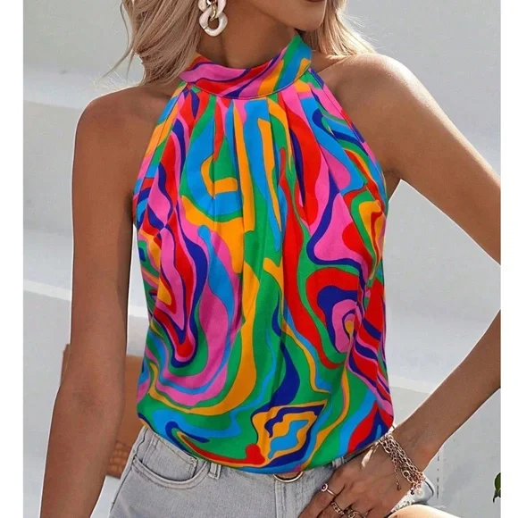 Bright Multicolor Abstract Print Halter Top - Picture 1 of 6